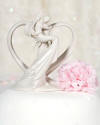 groom holding bride with heart wedding cake topper