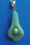 hand-carved amazonite calla lily pendant with freshwater pearl center