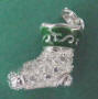 sterling silver christmas stocking charm that is 3-d, has green enamel accents, and clear cubic zirconia stones