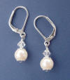 Sterling silver leverback earrings with freshwater pearls, sterling silver beadcaps, and Swarovski(TM) crystals