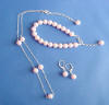 3-piece bridesmaid jewelry set - pink crystal pearl station necklace, line pearl bracelet and leverback pearl earrings
