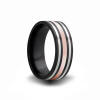 18k rose gold with sterling silver inlay stripes in this black zirconium wedding band from heavy stone rings (r)