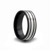 8mm wide black zirconium with sterling silver inlay stripes wedding band