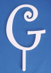 4 inches tall single letter g in white acrylic in curlz font wedding cake topper