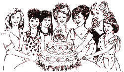 illustration of bridesmaid charm cake, Victorian wedding cake pull, cake charms